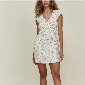 Reformation Janine V-Neck Mini Dress White and Blue Floral Pattern